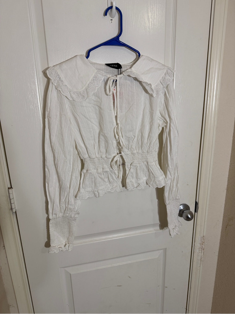 Cider White Lace Peter Pan Collar Tie Front Blouse Size L Cottagecore Coquette